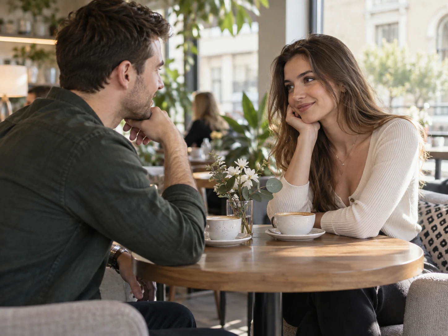 Dating mit ukrainischer Frau bei einem entspannten Gespräch im Café